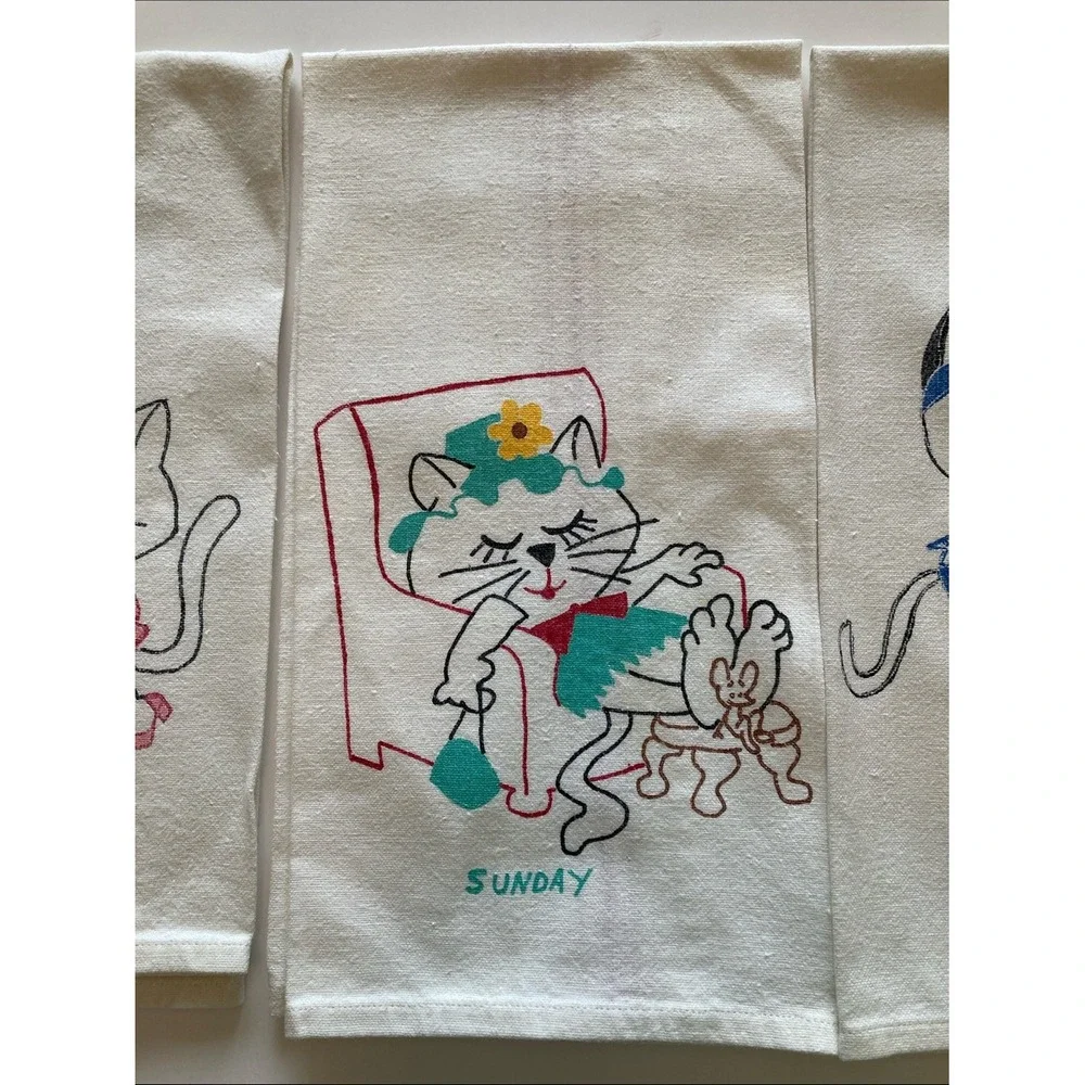 Vintage Kitty‎ Days of the Week Printed Tea Towels Set of 3 White Cotton 16x25